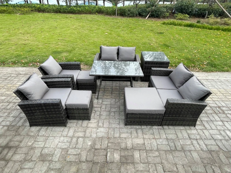 Image of Fimous Garden Furniture Sets 9 Pieces Wicker Rattan Furniture Manual Wicker Patio Sofa Patio Conversation Set with 3 Footstools in Dark Grey Dark Grey