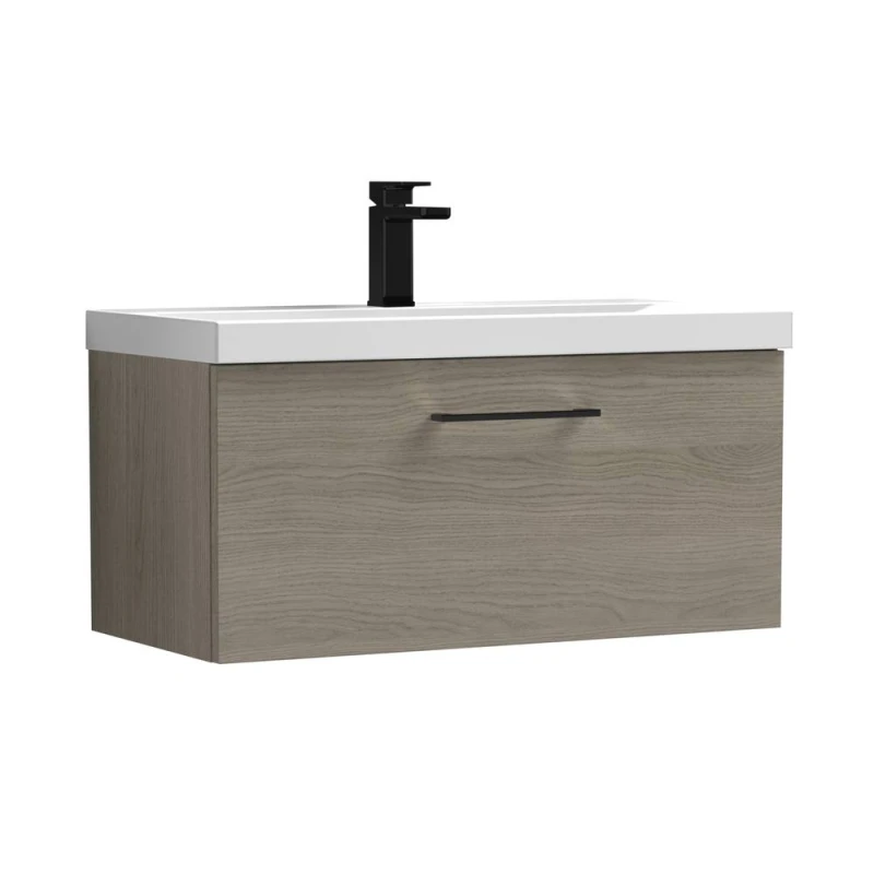 Image of Balterley 800mm Wall Hung 1 Drawer Vanity Basin Unit, Mid Oak, Black Handle in Brown Brown Unisex