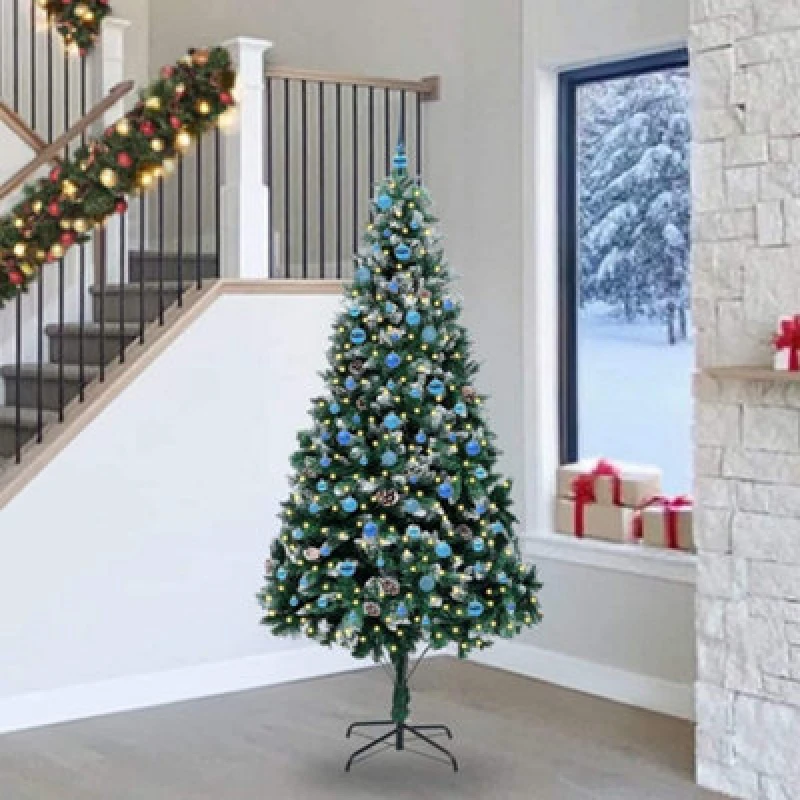 Image of vidaXL Artificial Christmas Tree with 300 LEDs and Blue Balls with Stand Green 240 cm, Green 3396289