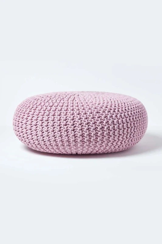 Image of Homescapes Pastel Pink Large Round Cotton Knitted Pouffe Footstool