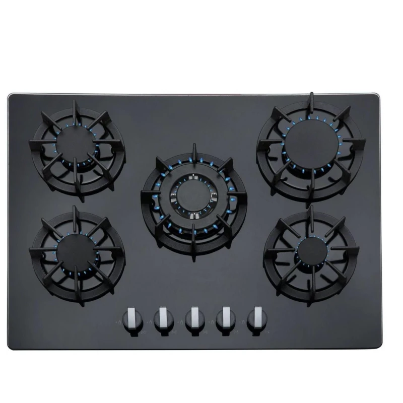 Image of SIA Black 5 Burner 70cm Gas On Glass Hob With Cast Iron Pan Stands R8 Black