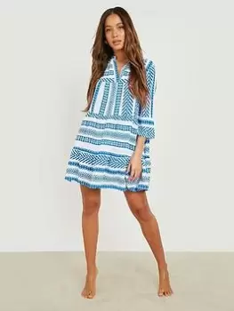 Image of Boohoo Printed Tiered Shift Beach Kaftan - Blue Size S, Women