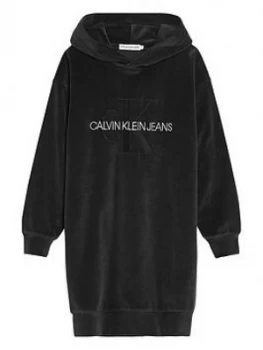 Image of Calvin Klein Jeans Girls Velour Monogram Hoodie Dress - Black