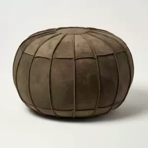 Image of HOMESCAPES Brown Leather & Suede Round Pouffe Footstool - Brown