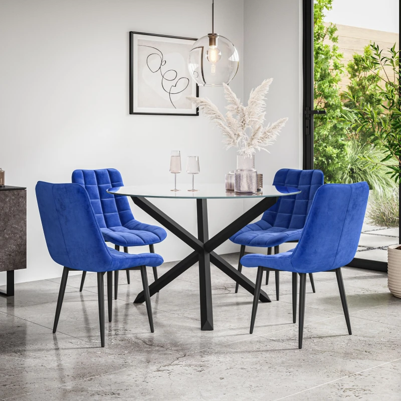 Image of More4Homes Malvern Round Dining Table And Chairs - Clear Glass Table Top W Solid Black Oak Legs + Nova Velvet Dining Chair Set Of 4 (Blue)