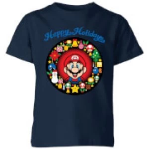 Image of Nintendo Super Mario Mario Happy Holidays Kid's T-Shirt - Navy - 3-4 Years - Navy