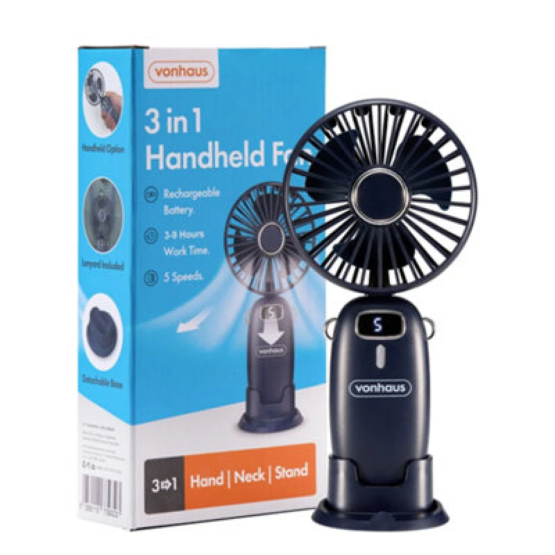 Image of Vonhaus Handheld Fan, Mini, Portable, Lightweight, USB Rechargeable, 5 Speeds, 90 Degree Folding, 60Cm Lanyard, Phone Stand