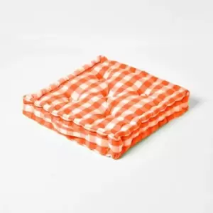 Image of Homescapes - Orange Block Check Cotton Gingham Floor Cushion, 50 x 50cm - Orange