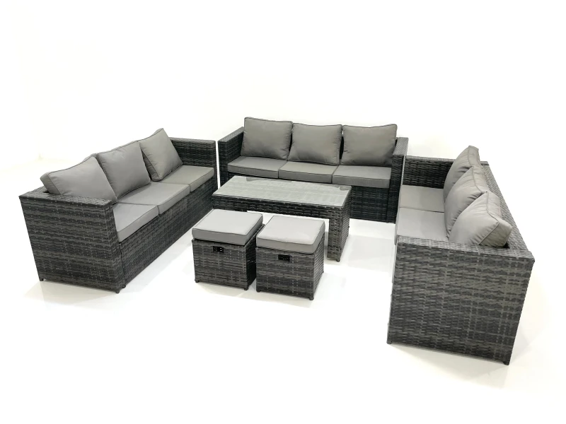 Image of Fimous Outdoor Garden Furniture Set 11 Seater Rattan Sofa Set with Coffee Table 2 Small Footstools Dark Grey Mixed Dark Grey