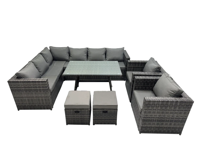 Image of Fimous 10-seater Outdoor PE Rattan Sofa Set with with 2 Chair 2 Small Stools in Dark Grey Dark Grey Unisex