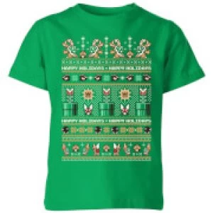 Image of Nintendo Super Mario Happy Holidays The Bad Guys Kid's Christmas T-Shirt - Kelly Green - 7-8 Years
