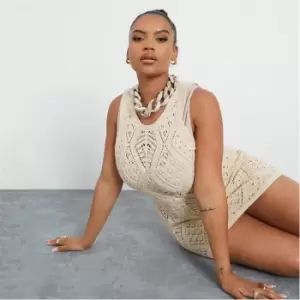 Image of I Saw It First Plus Size Crochet Pattern Beach Cover Up Mini Dress - Brown