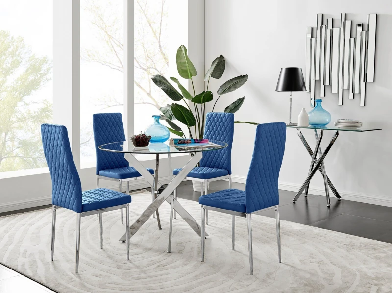 Image of FurnitureboxUK FurnitureboxUK Novara 100cm Round Dining Table and 4 Velvet Milan Chairs in Navy Navy One Size Unisex 5056657153793