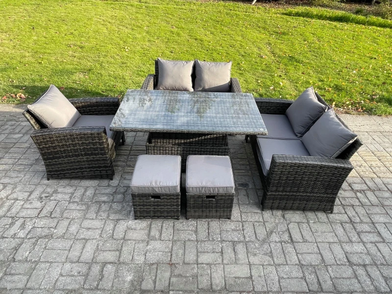 Image of Fimous 7 Seater Rattan Outdoor Garden Furniture Sofa Set with 2 Small Footstool Dark Grey Mixed Dark Grey Unisex