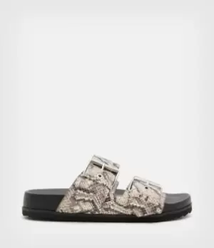 Image of AllSaints Womens Womens Leather Snakeskin Print Sian Snake Sandals, Grey and Brown, Size: UK 4/ US 7/ EU 37, Grey/Brown