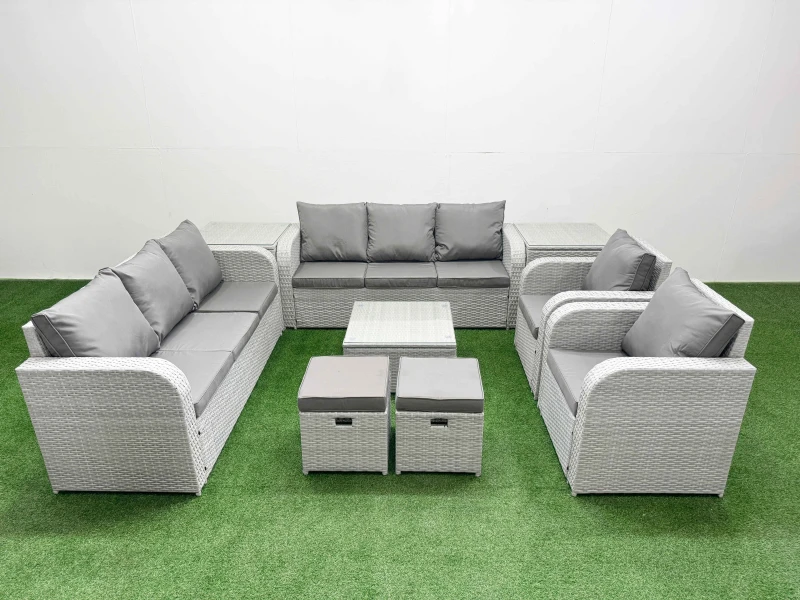 Image of Fimous PE Rattan High Back Lounge Sofa Set Patio Square Coffee Table & Chairs Set with 3 Seater Sofa Reclining Chair Stools 2 Side Table Light Grey Li