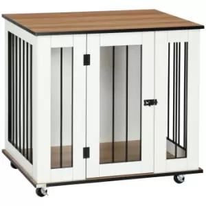 Image of PawHut Dog Crate Furniture with Wheels, Dog Cage End Table for Medium Dogs, with Lockable Door, White, 80 x 60 x 76.5cm