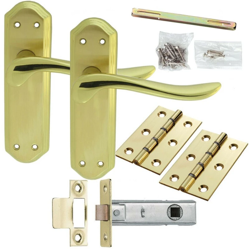Image of Loops Door Handle & Latch Pack Brass Modern Curved Sculpted Lever Ornate Backplate Metallics