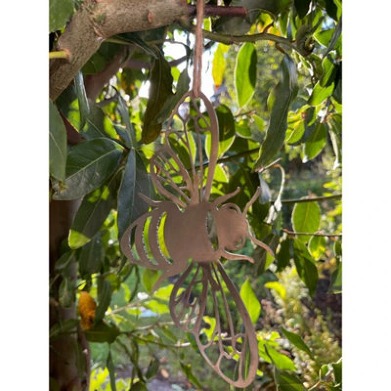 Image of Poppy Forge Hanging Folded Wings Bee Garden Art - Bare Metal/ready To Rust - W15 X H10 Cm