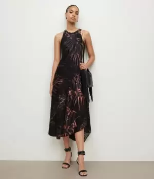 Image of AllSaints Womens Womens Viscose Floral Classic Juni Luar Silk Blend Dress, Black and Pink, Size: 14, Black/Pink