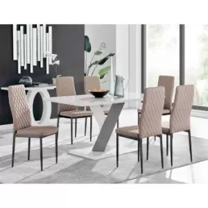 Image of Furniture Box Monza 6 White/Grey Dining Table and 6 Cappuccino Milan Black Leg Chairs