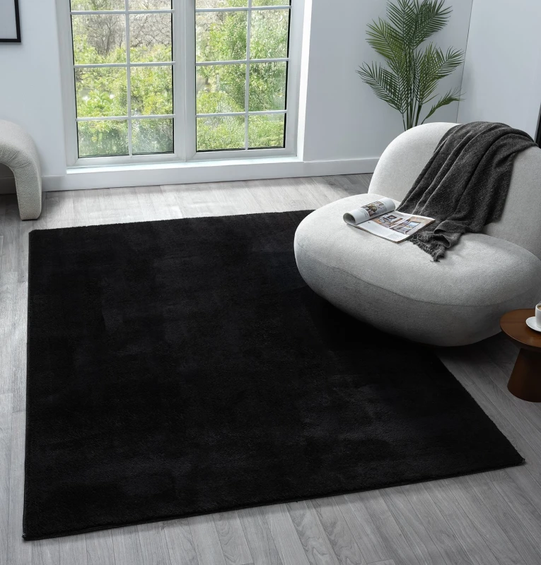 Image of Comfy Washable Low Pile Living Room Area Rug - Anti Slip Felt Backing Black 200Cm X 280Cm