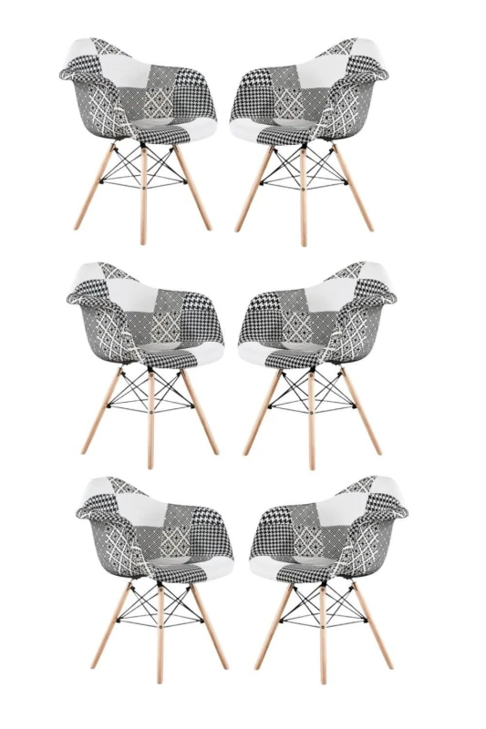 Image of Life Interiors Life Interiors Set of 6 Patchwork Accent Chairs with Wooden Legs and Black Metal Wire Frame Multi One Size Unisex 5060632409928