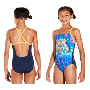 Image of Speedo Dreamscape Fusion Placement Crossback Swimsuit Junior Navy/Orange 26"