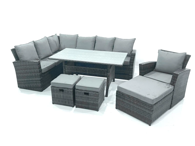 Image of Fimous Outdoor Furniture Garden Dining Set Rattan Corner Sofa Set with 3 Footstools Armchair in Dark Grey Dark Grey Unisex