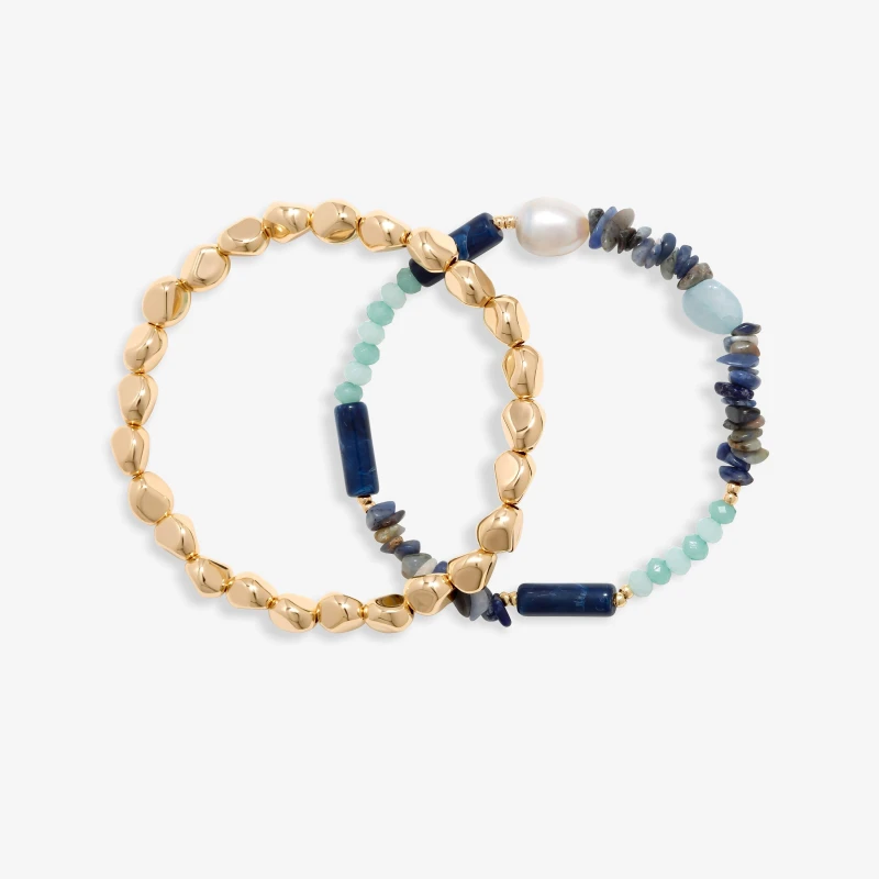 Image of Mood Gold Blue Bead And Molten Disc Layered Bracelets - Pack Of 3 Gold