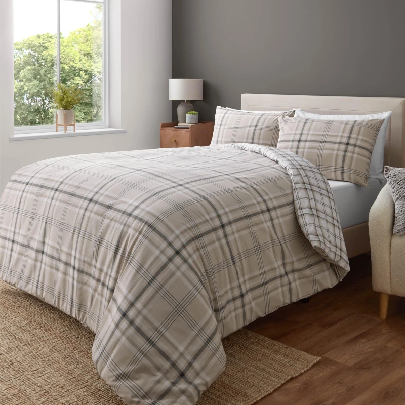 Image of Catherine Lansfield Kelso Check Reversible Duvet Cover Set Duvet Covers Single Beige 42943669010