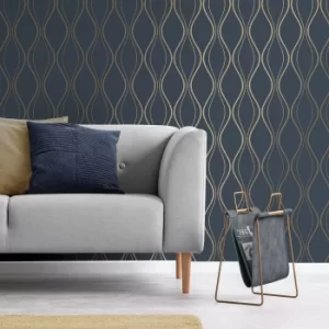 Image of Platinum Rosco Foil Wave Navy Wallpaper Navy
