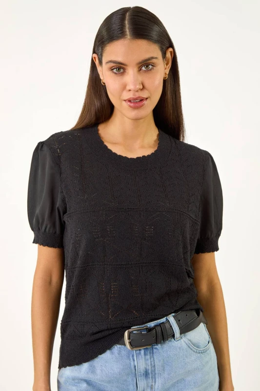 Image of Roman Womens Pointelle Knit Tee in Black Size: 16 Black Female 16