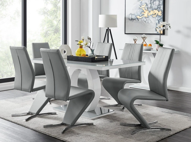 Image of FurnitureboxUK FurnitureboxUK Giovani 6-Seater Grey Glass Dining Table and 6 Willow Faux Leather Dining Chairs Grey One Size Unisex 5056542651267