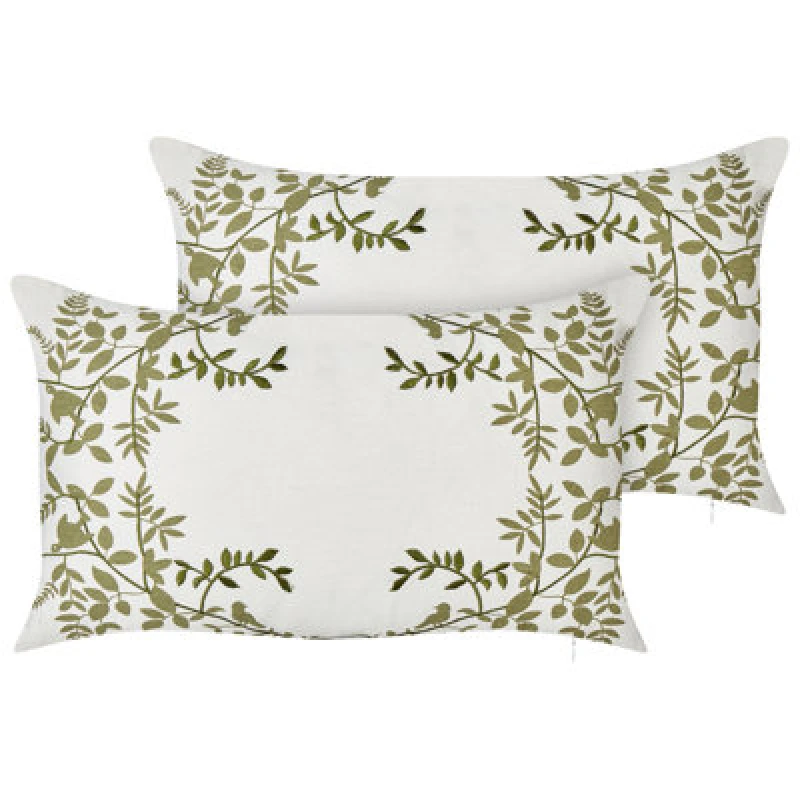 Image of Beliani Set Of 2 Decorative Cushions Zaleya Cotton 30 X 50 Cm White Floral Pattern