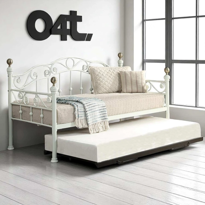 Image of OAT Home Mayfair White & Brass Metal Single Day Bed & Guest Trundle White Unisex Single
