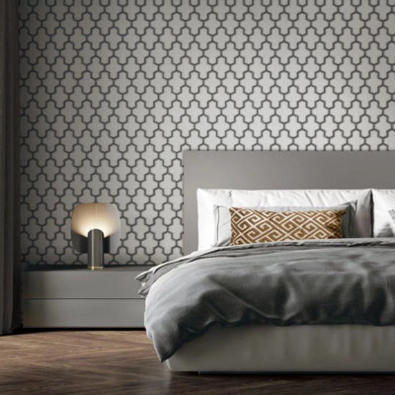 Image of Debona Fabric Touch Vinyl Geometric Trellis Black White Silver Wallpaper White unisex