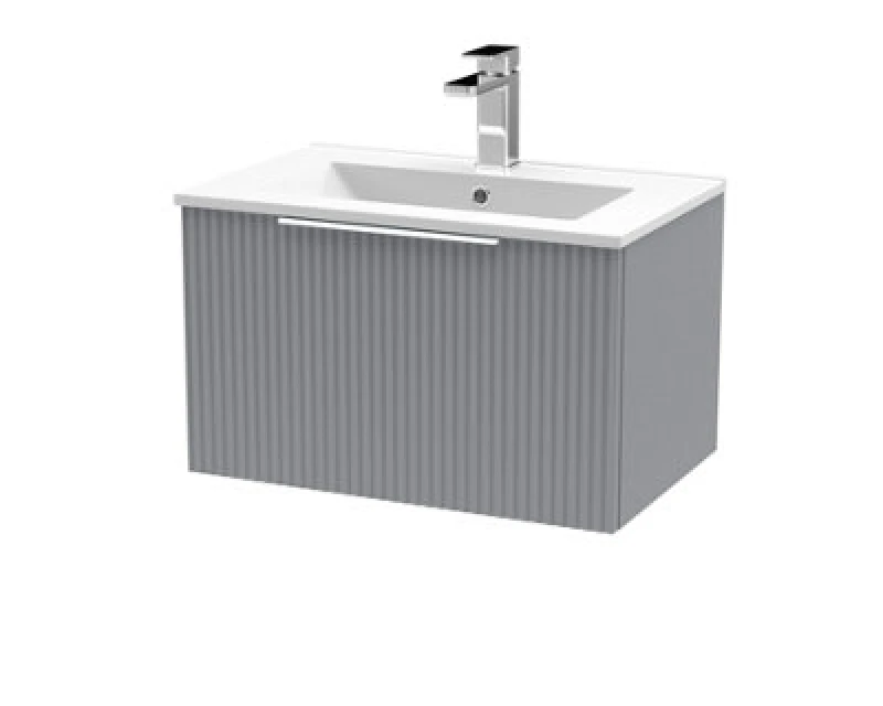 Image of HUDSON REED Hudson Reed - Fluted Wall Hung 1-Drawer Vanity Unit with Basin 2 600mm Wide - Satin Grey DFF294B