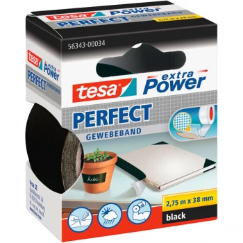 Image of tesa 56343 Extra Power Fabric Tape - Black - 38mm x 2.75m