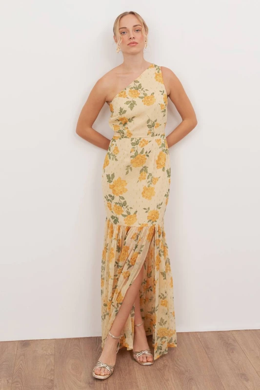 Image of Anaya with Love Womens Floral Print One Shoulder Maxi Dress in Yellow Size: 14 Yellow Female 14