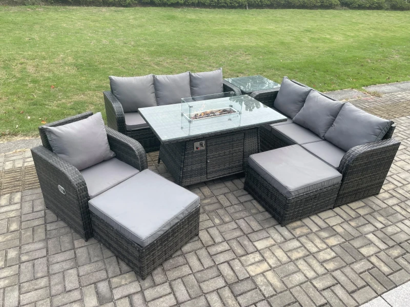 Image of FIMOUS 9 Seater Wicker Rattan Garden Furniture Set Gas Fire Pit Dining Table Reclining Chair 3 Seater Sofa Set Indoor Outdoor with Side Table 2 Big 10
