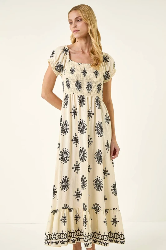 Image of Roman Womens Broderie Shirred Maxi Dress in Ivory Size: 14 Ivory Female 14
