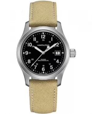 Image of Hamilton Khaki Field Mechanical Black Dial Beige Fabric Strap Mens Watch H69439933 H69439933