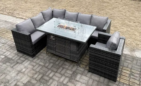 Image of Fimous 7 Seater Outdoor Dark Grey Rattan Lounge Complete Sofa Set with Gas Fire Pit Table, and Gas Heater