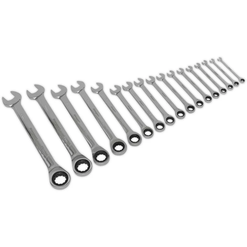 Image of Loops 17pc Ratchet Combination Spanner Set - 12 Point Metric Ring Open Head Wrench Multi