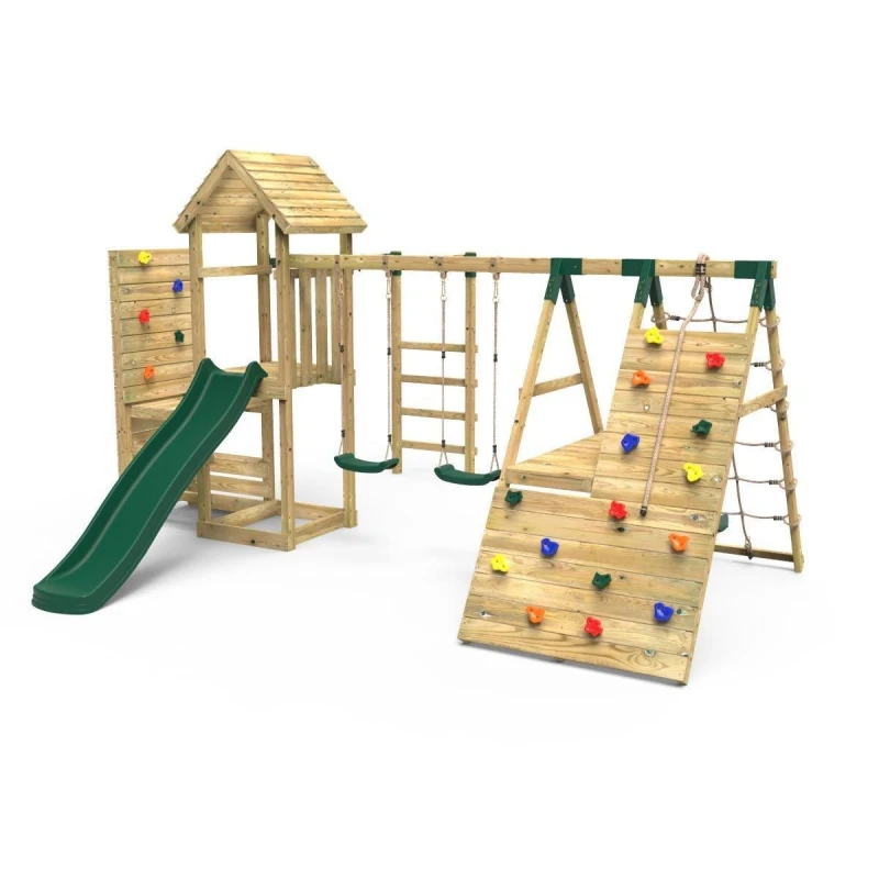 Image of Rebo Wooden Climbing Frame with Swings, Monkey Bars, Climbing Walls and Slide - Pennine Green Green