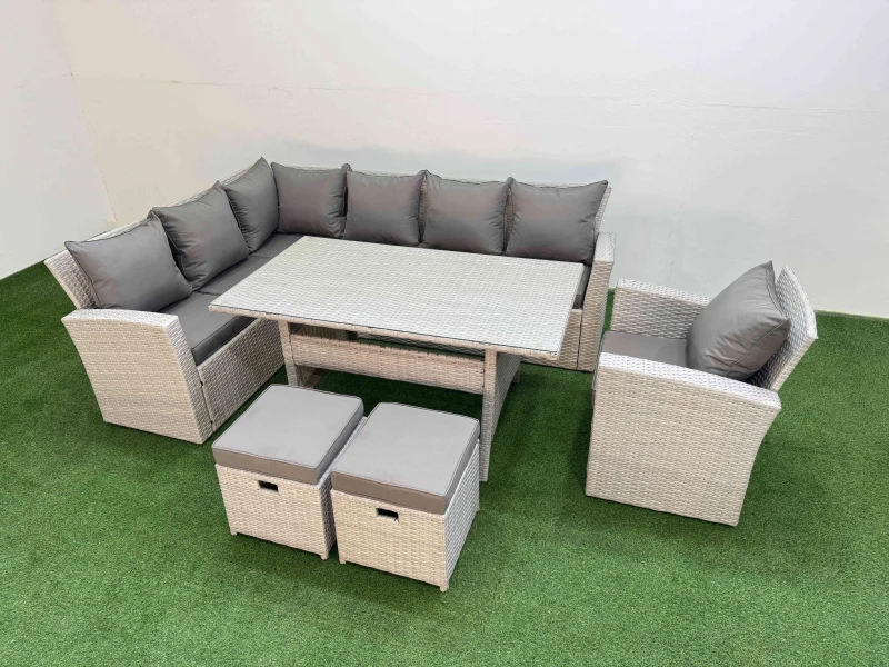 Image of Fimous 9 Seater Rattan Garden Furniture Set with Dining Table Chair 2 Stools in Light Grey Light Grey Unisex