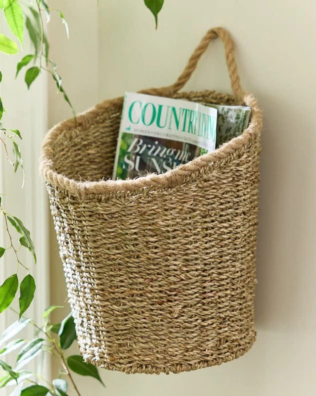 Image of Dibor Natural Woven Seagrass Large Indoor Storage Wall Basket with Rope Detailing Natural Unisex