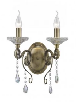 Image of Wall Lamp Switched 2 Candle Light Antique Brass, Crystal