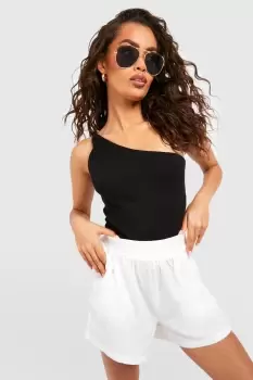 Image of Twist Shoulder One Sleeve Rib Knit Bodysuit